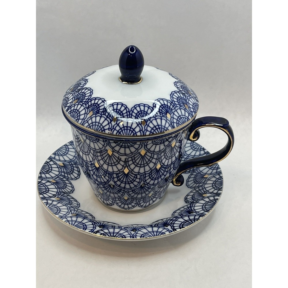 Fine Porcelain China White Cobalt Blue Gold Accent Cup‎ Saucer Set  Lid Sieve